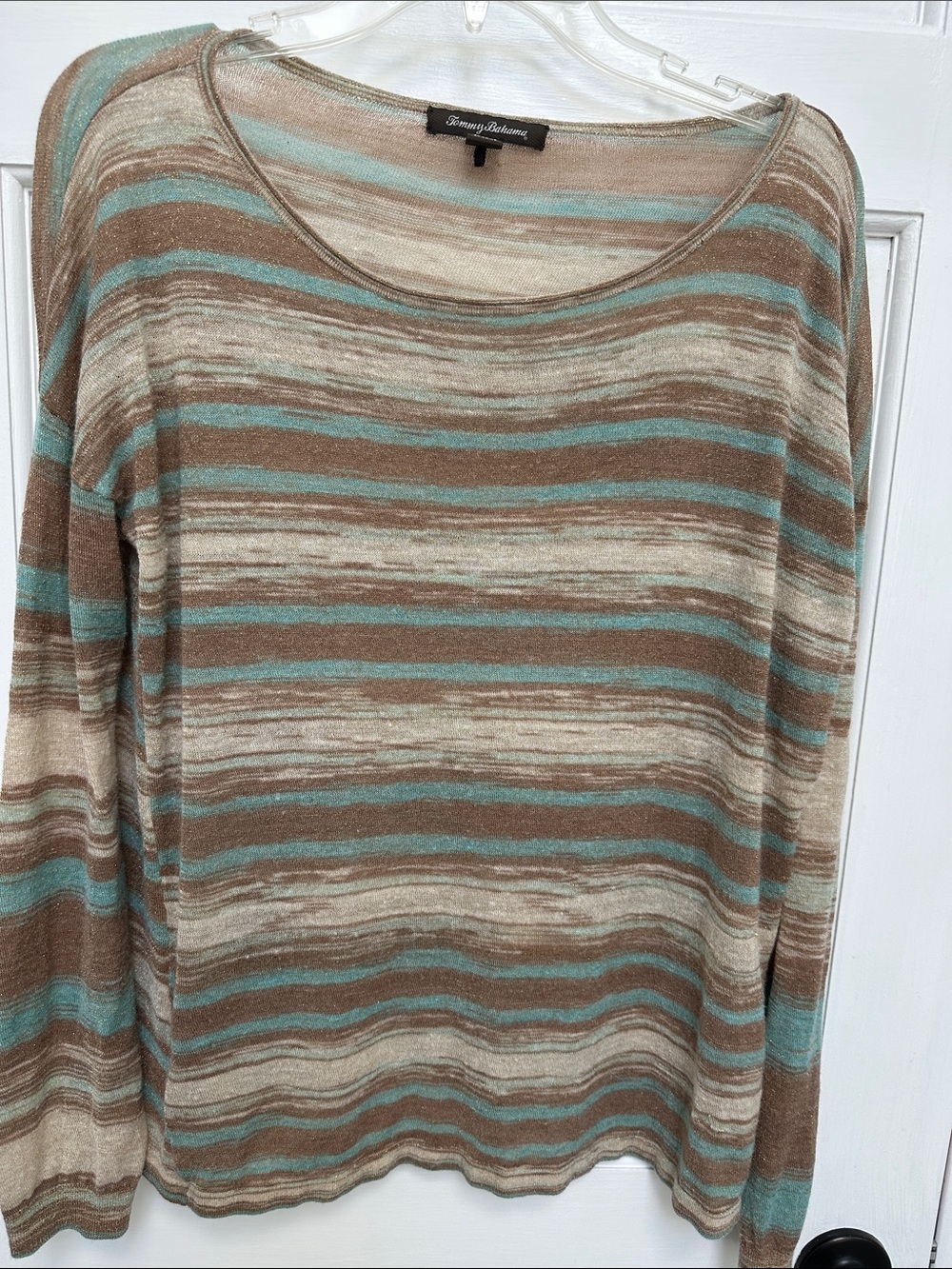 Tommy Bahama Brown, Cream & Teal Striped Scoop Neck Top